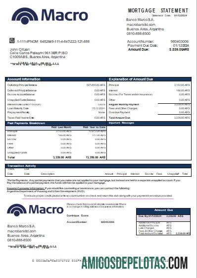 Argentina Banco Macro S.A. Extrato de hipoteca bancária Scr exemplo